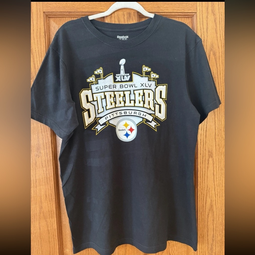 REEBOK NFL PITTSBURGH STEELERS SUPER BOWL XLV VTG Y2K BLACK T SHIRT SZ XL